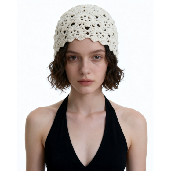 Hand Crochet Floral Lace Beanie Hat with Scalloped Edge